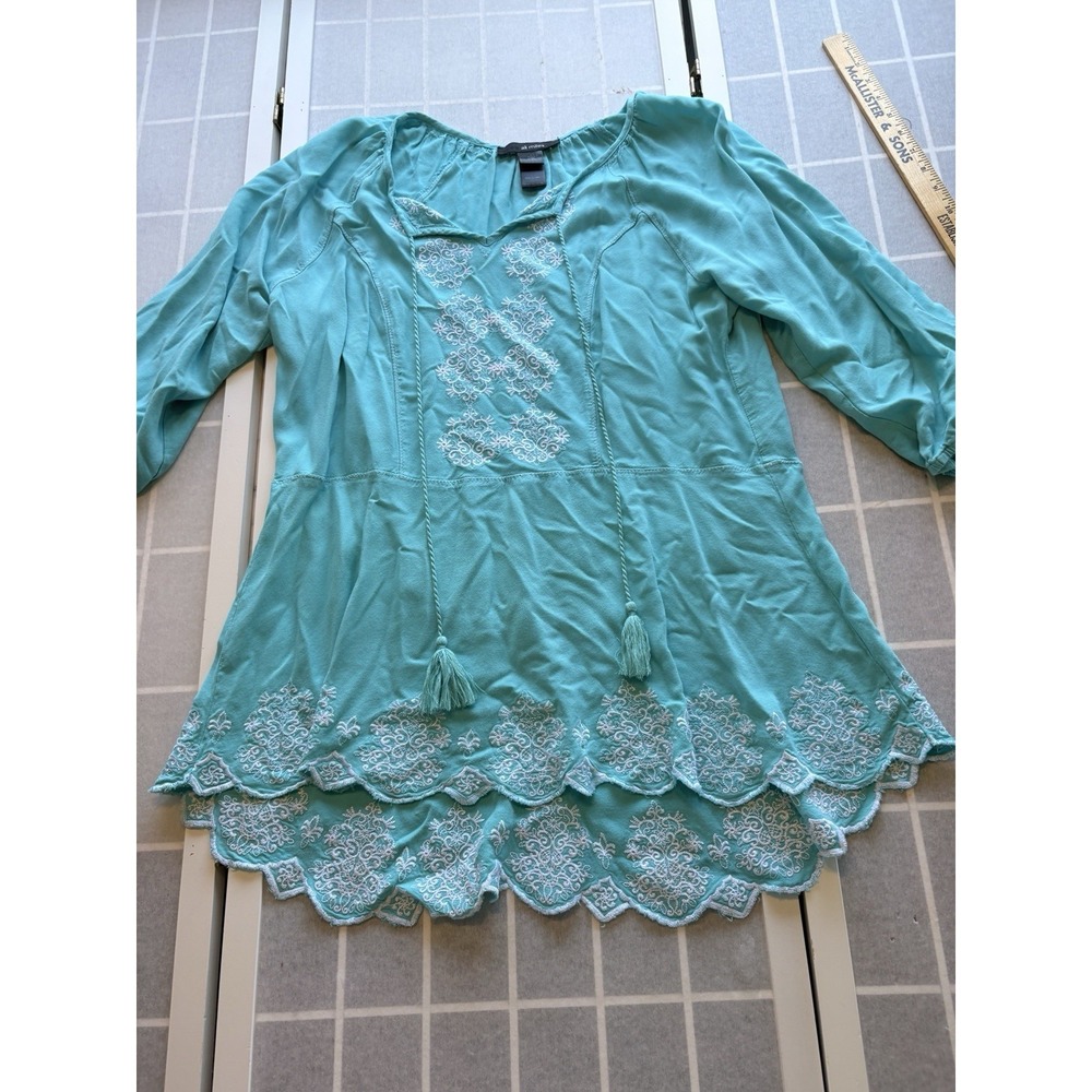 Ali Miles Top Womens Large Blue Embroidered 3/4 Sleeve Tunic Peasant Tasseled